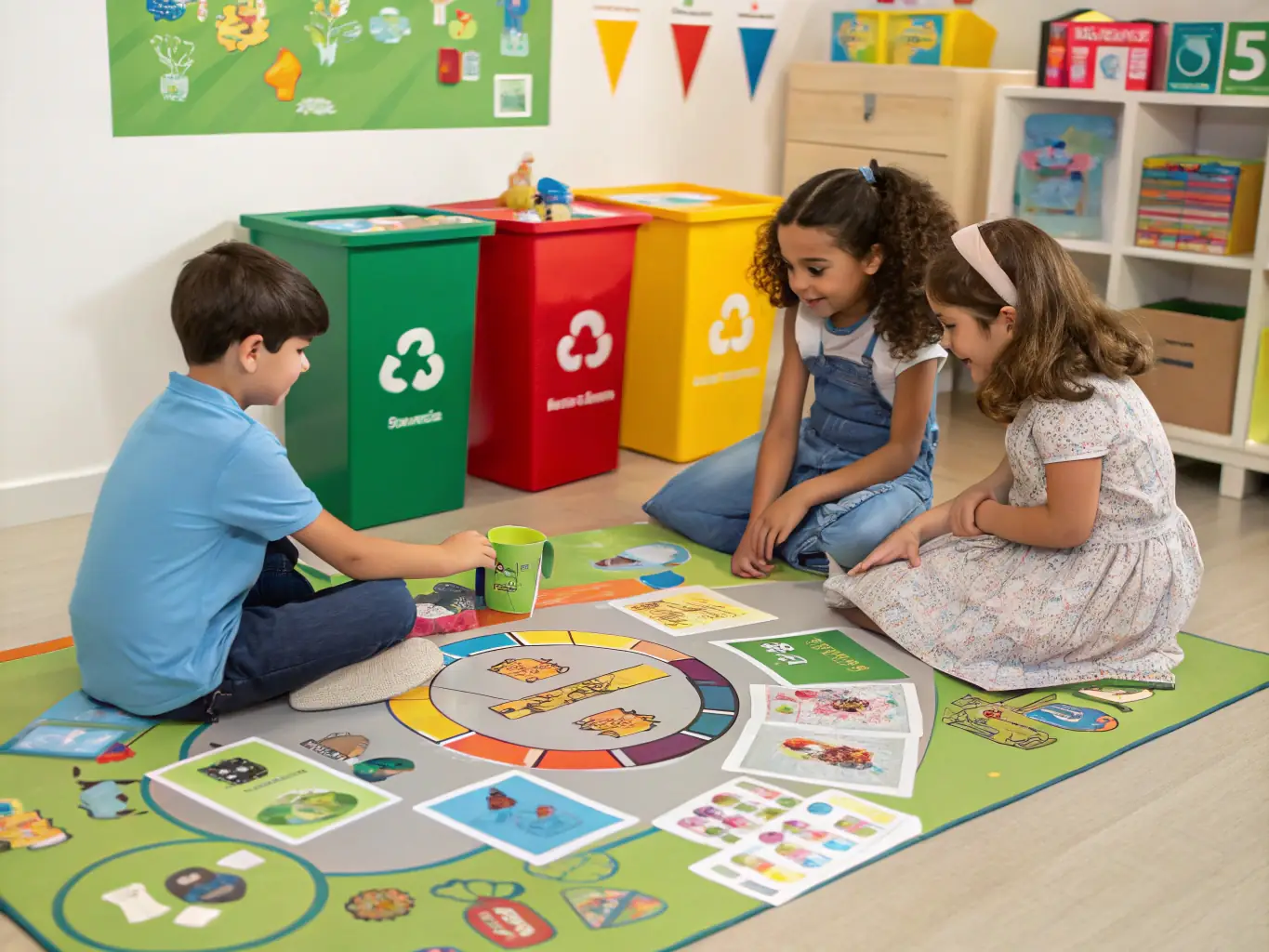 Children participating in a fun outdoor game focused on recycling and conservation, sorting items into different bins.