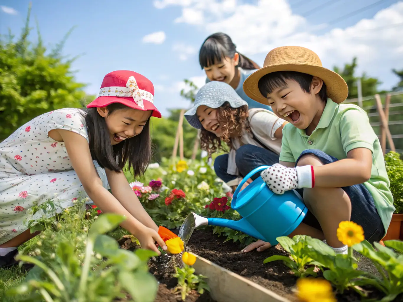 A group of children planting seeds in a colorful garden bed, smiling and enjoying the process, with gardening tools and soil visible.