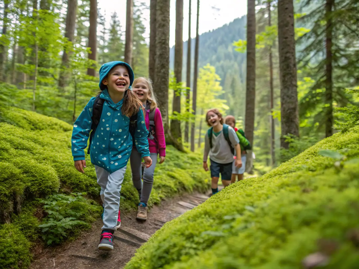 Kids exploring a forest trail, observing plants and wildlife with excitement, using binoculars and magnifying glasses.