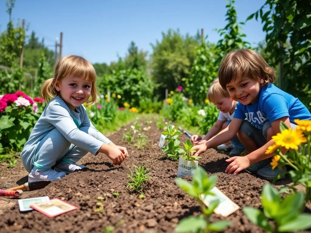 A group of children happily planting seeds in a garden bed, with bright smiles and gardening tools in hand, showcasing the hands-on experience of the Gardening Adventures program at Chicken Road.