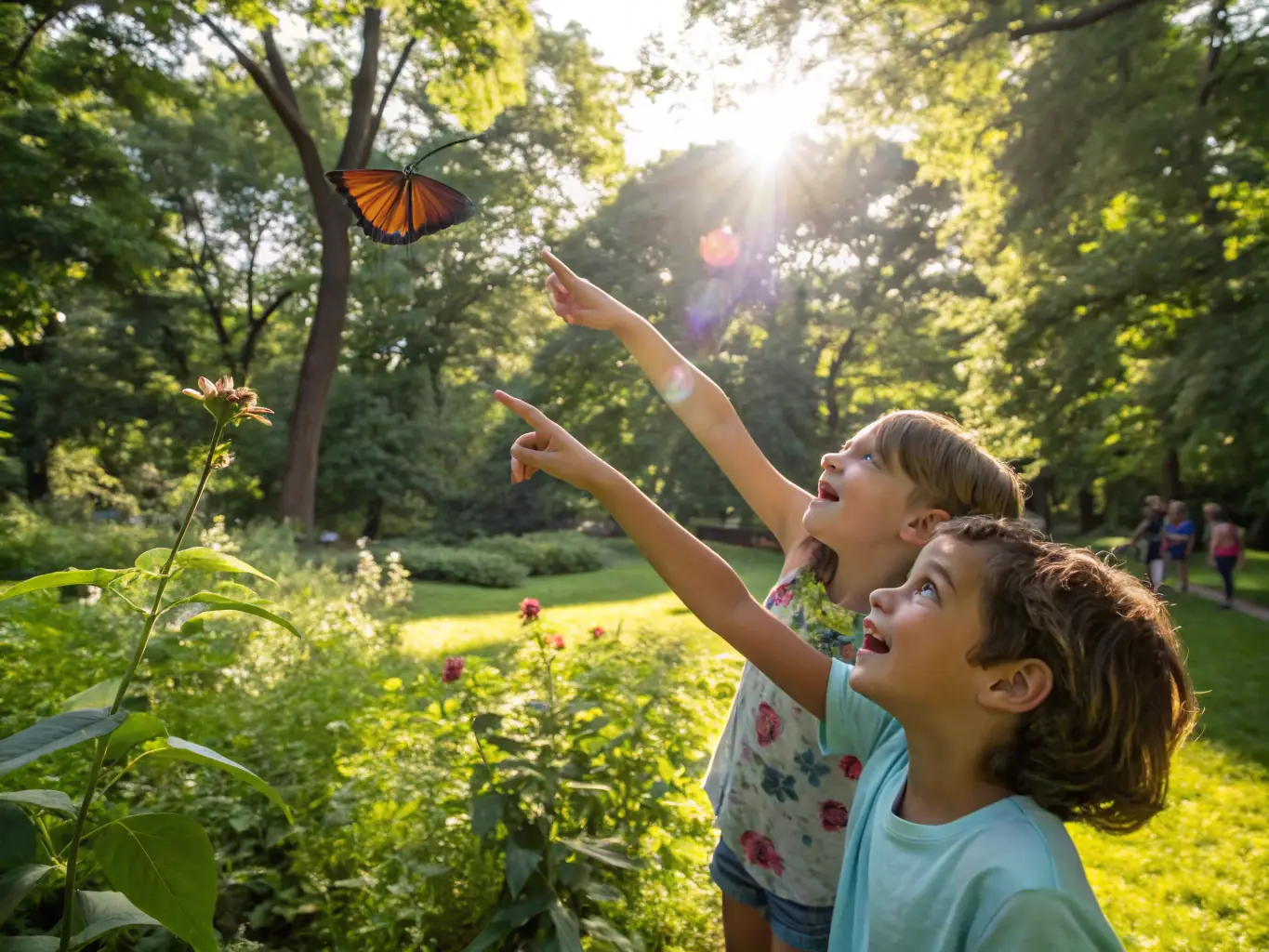 Kids on a Nature Quest adventure, exploring a local park with magnifying glasses and field guides, discovering plants, animals, and the importance of biodiversity at Chicken Road.